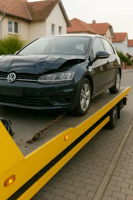 Ein defektes Auto wird von einem Abschleppwagen abgeholt, um es zum Autoankauf in Bergkamen zu bringen.