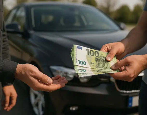 Ein Kunde erhält Bargeld bei einem erfolgreichen Autoankauf in Bergkamen.